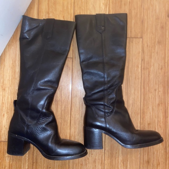 Zara Wide Block Heel Leather Knee High Boots - Picture 9 of 12